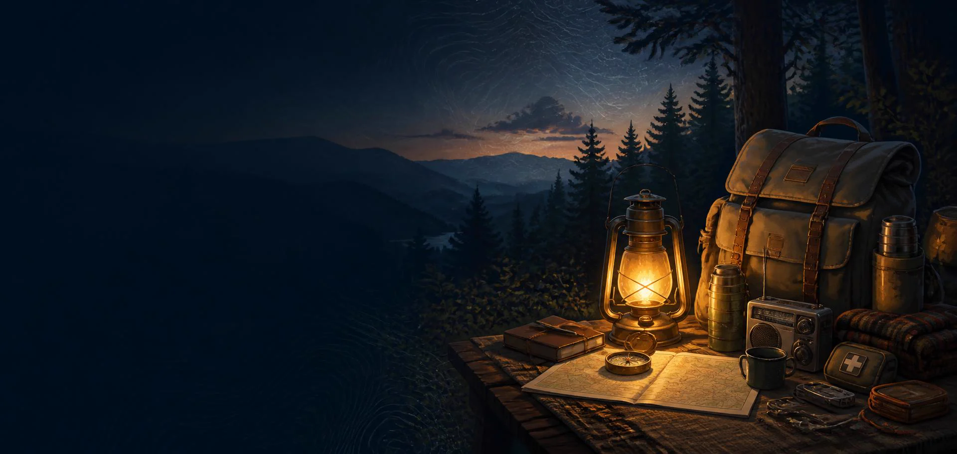 Lantern-lit preparedness equipment beside a backpack, map, compass and emergency radio overlooking a mountain forest at dusk.