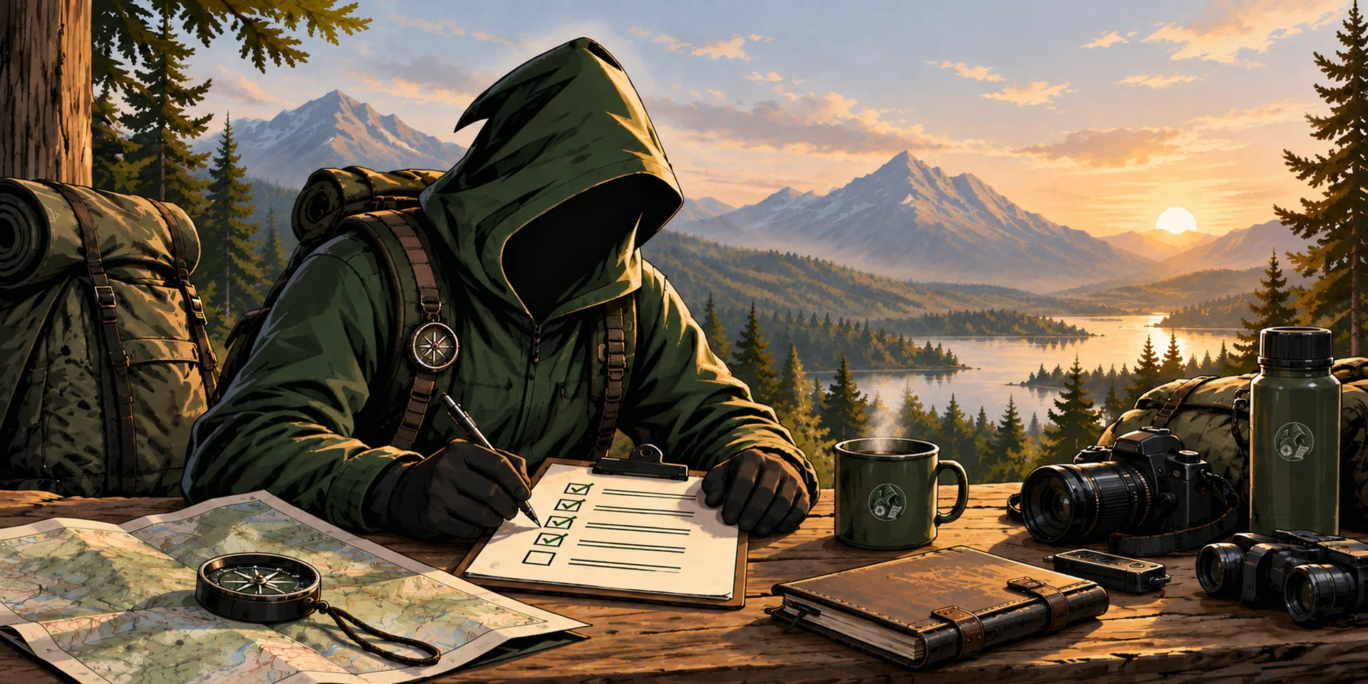 A hooded ranger at a wooden field table, writing a checklist with map, compass, camera and pack against a mountain lake at sunset.